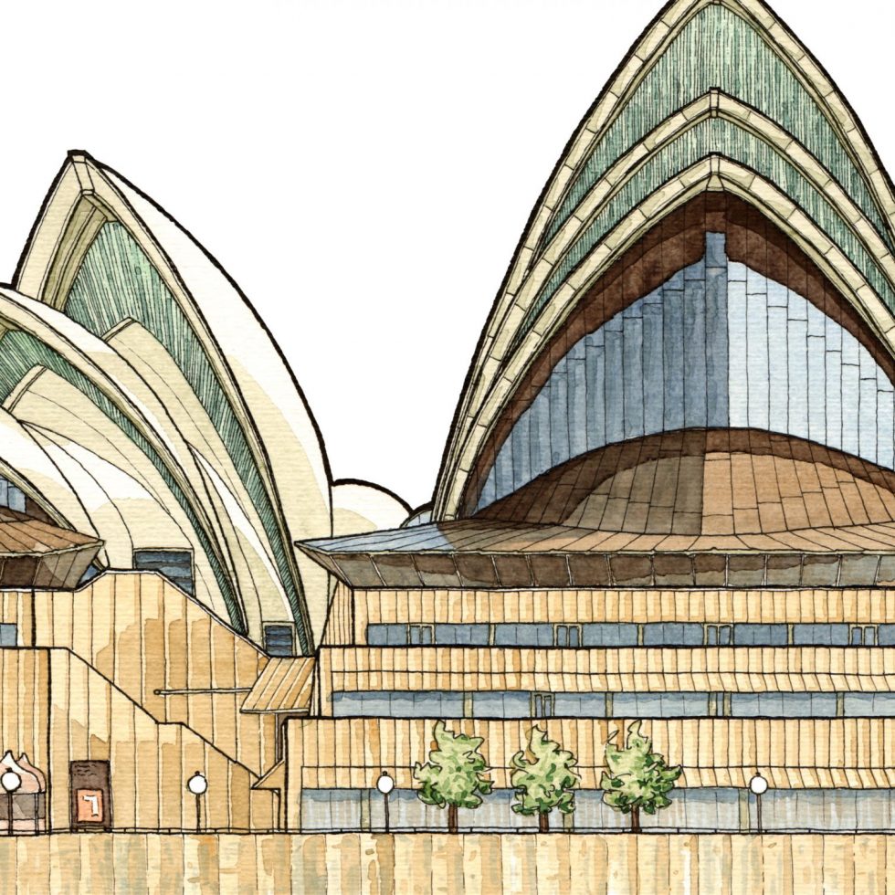 Sachillustration des Sydney Opera House zum Aufklappen; Illustration von Jan Moritz Baltruweit