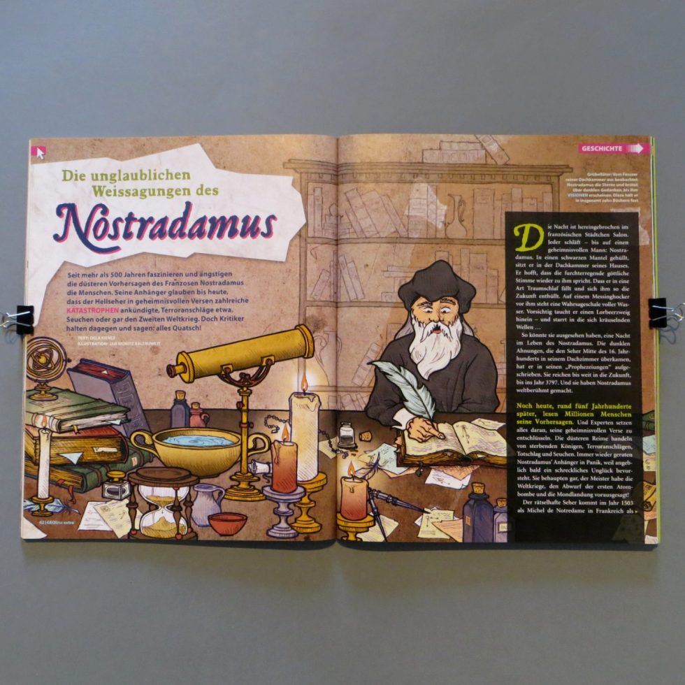 Illustration zu den Weissagungen des Nostradamus (GEOlino Extra, Ausgabe 57/2016); Illustration von Jan Moritz Baltruweit
